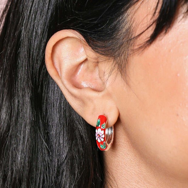 Floral Cloisonné Hoop Earrings - 66160 - Uneeka